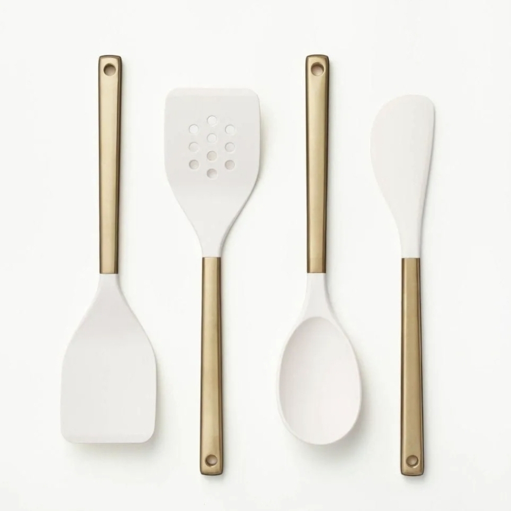 NEW FIGMINT Silicone Kitchen Utensil Set Compact Champagne 4 Piece Steel / Nylon